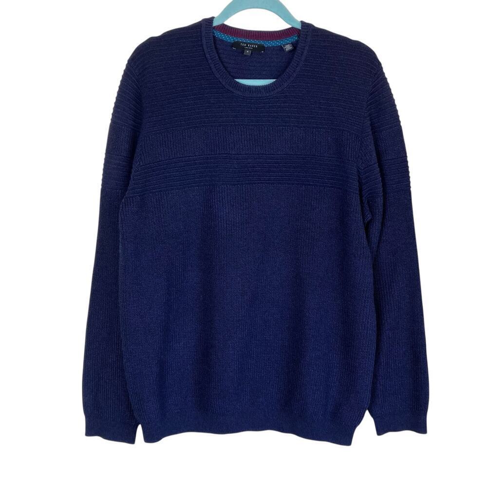 Ted Baker Sz 4 / Large Rossi Textured Knitted Crewneck Sweater Heathered Navy